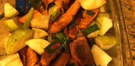 Roasted sweet potatoes and fresh pears, with a balsamic vinegar reduction.