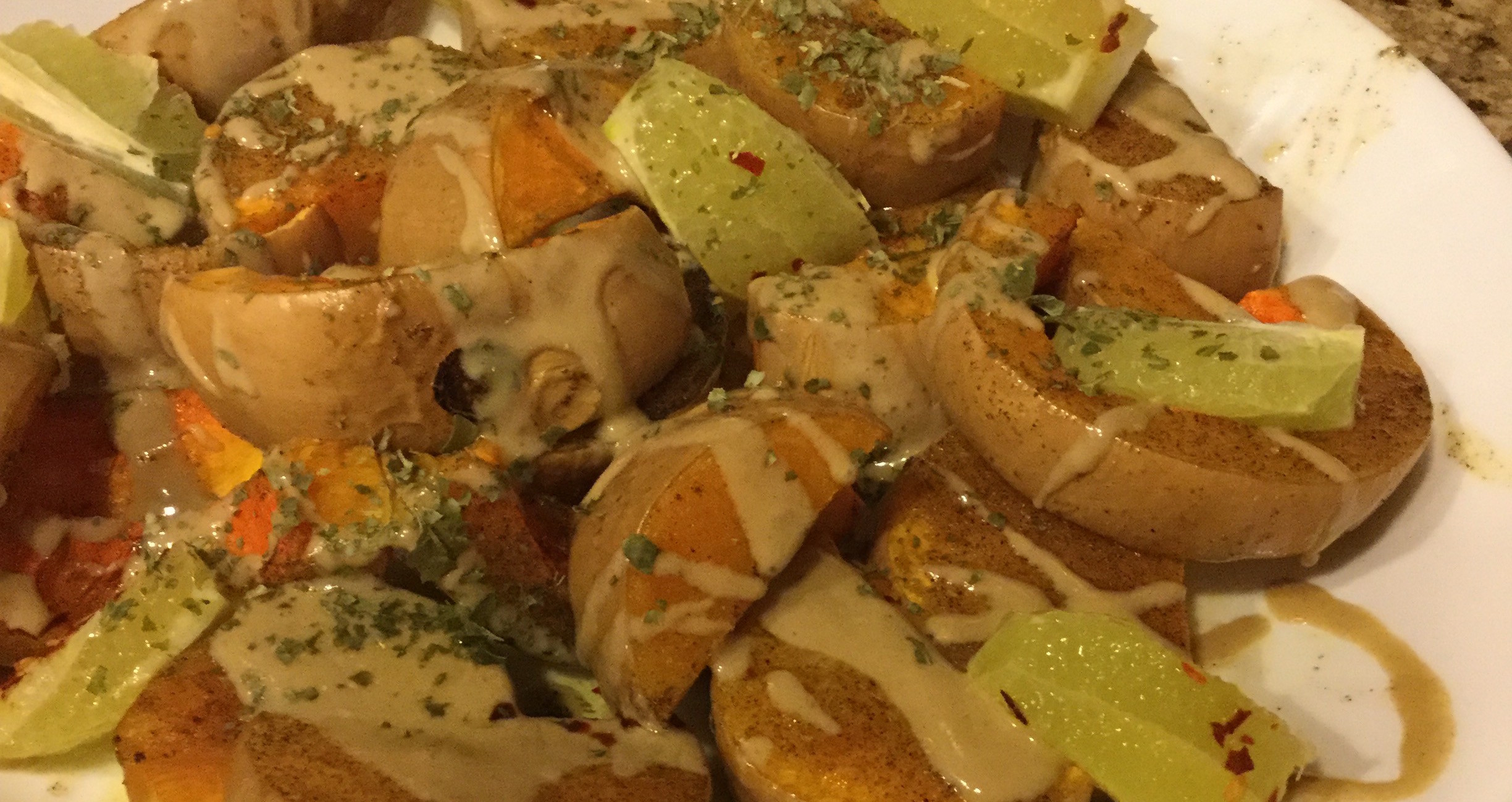 Butternut squash with sweet spices, limes, and tahini. Also can take yogurt or goat cheese