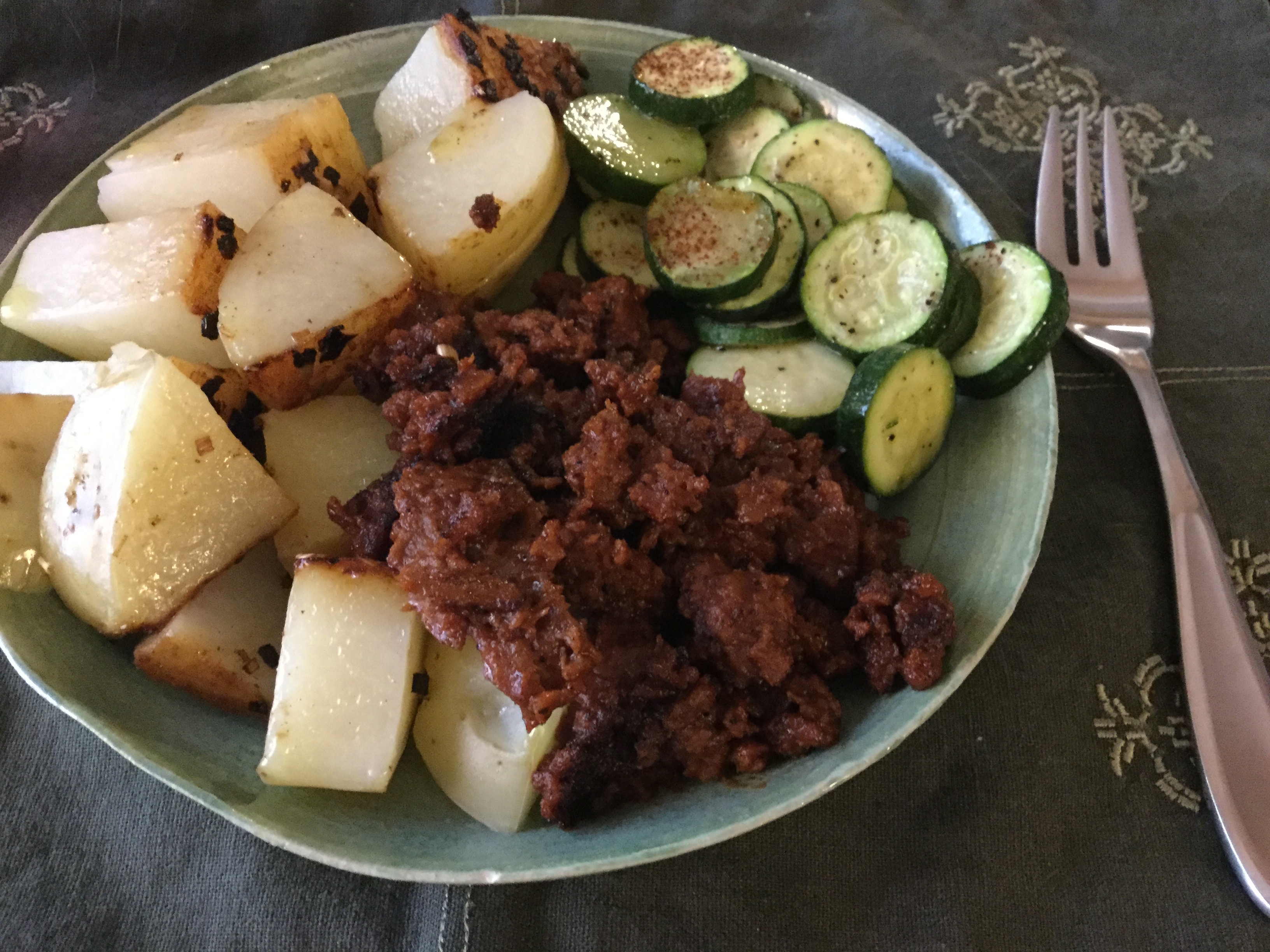 BBQ Seitan, Zucchini, and Potatoes
